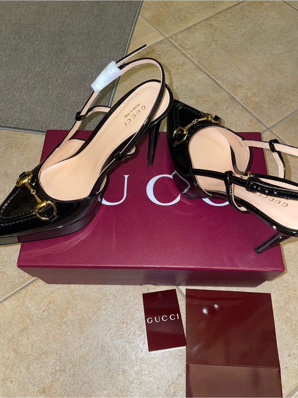Gucci Black Patent Leather Horsebit Slingback Pumps GG size 7 high heels